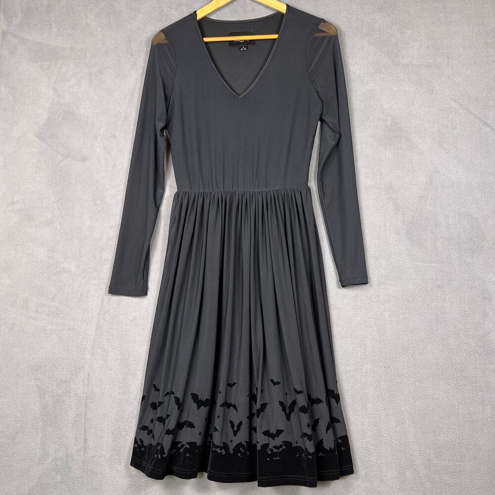 Collectif Mavis Black Bat Crescent Moon Sheer Mesh Border Swing Dress Small Goth